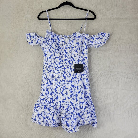 Lulu's Ring in Spring Blue White Floral Print Flutter Sleeve Mini Dress Large - Picture 2 of 14